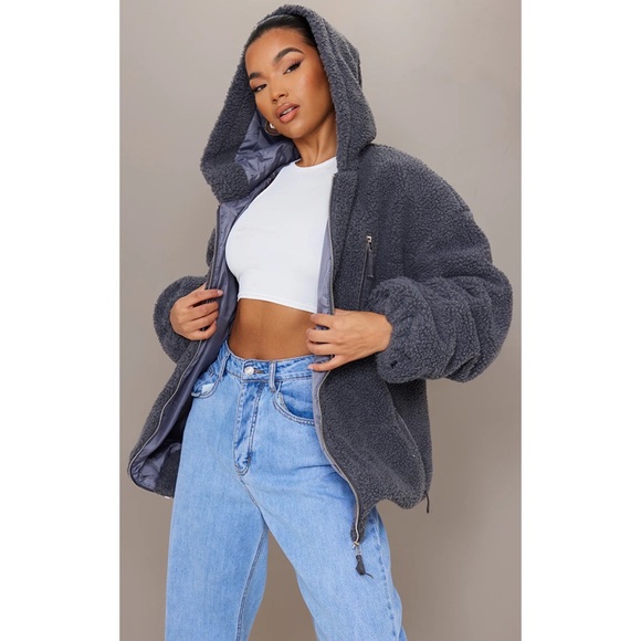 Grey Oversized Hooded Zip Detail Borg Coat - Picture 1 of 8